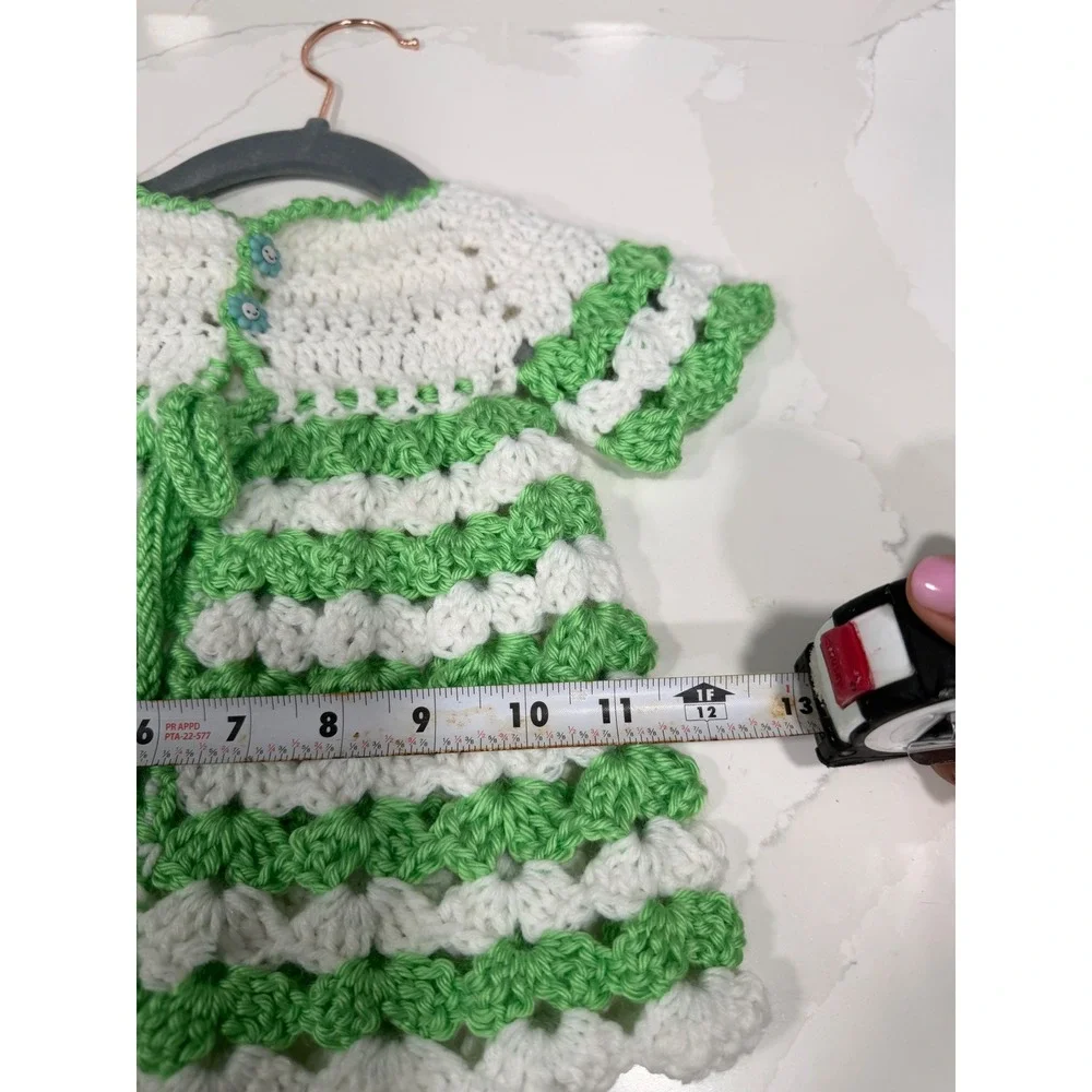 Handmade Crochet Baby Cardigan Green White Striped Flower Button Sweater Kids